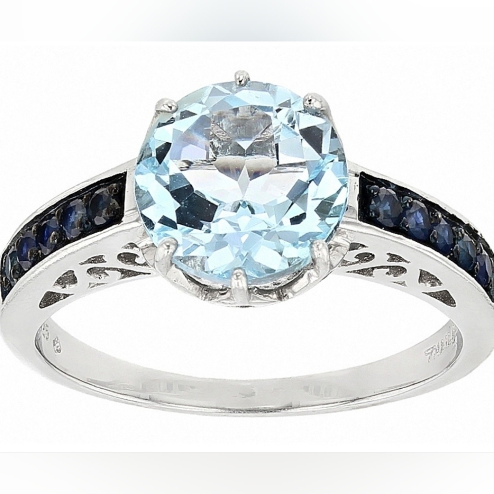 Natural Sky Blue Topaz & Blue Sapphire Ring Rhodium Sterling Silver Sz 7!